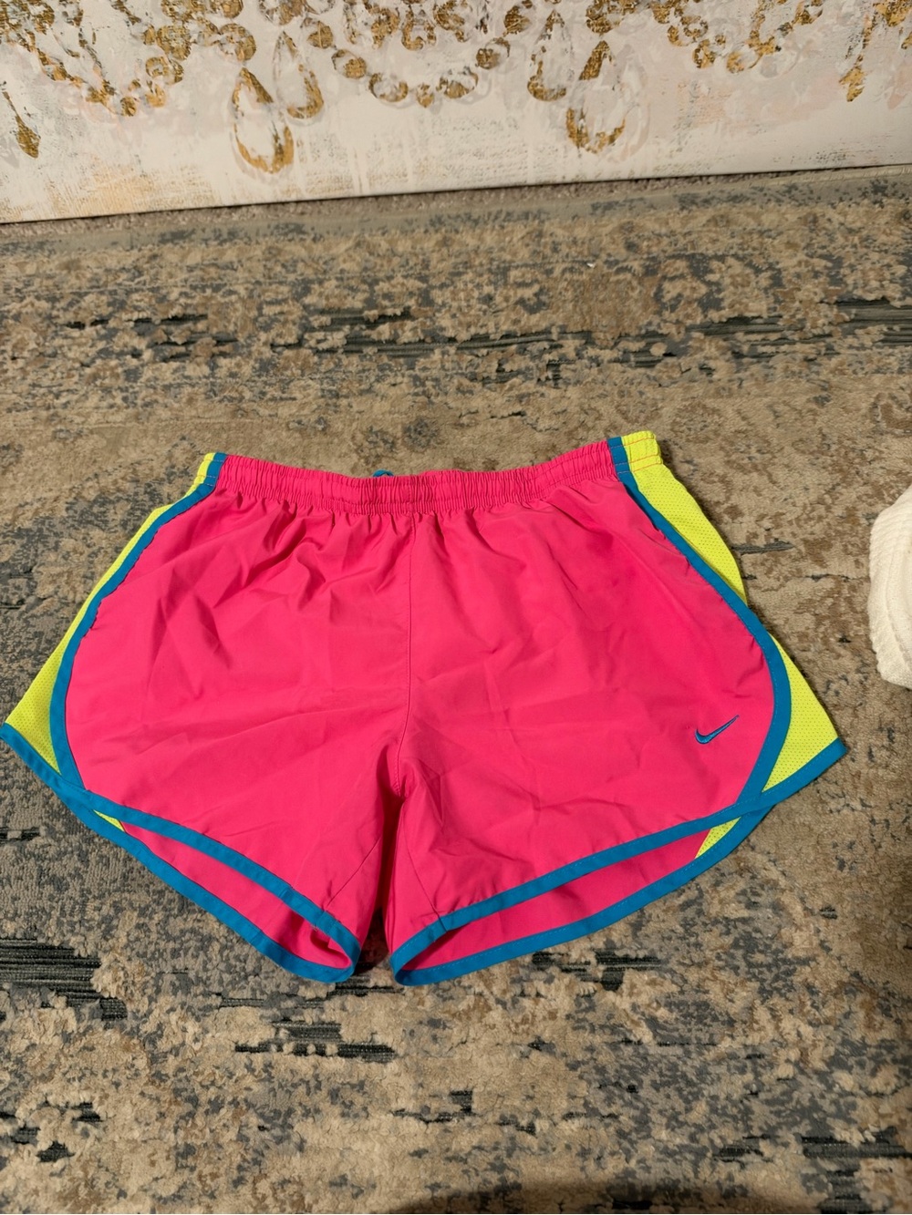 Nike Bright Pink Athletic Shorts with Blue Trim and Neon Yellow Panels